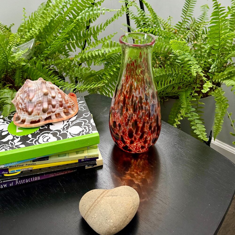 Murano Style ' Confetti' Glass Vase, White, Brown, Orange-Red 9.5"